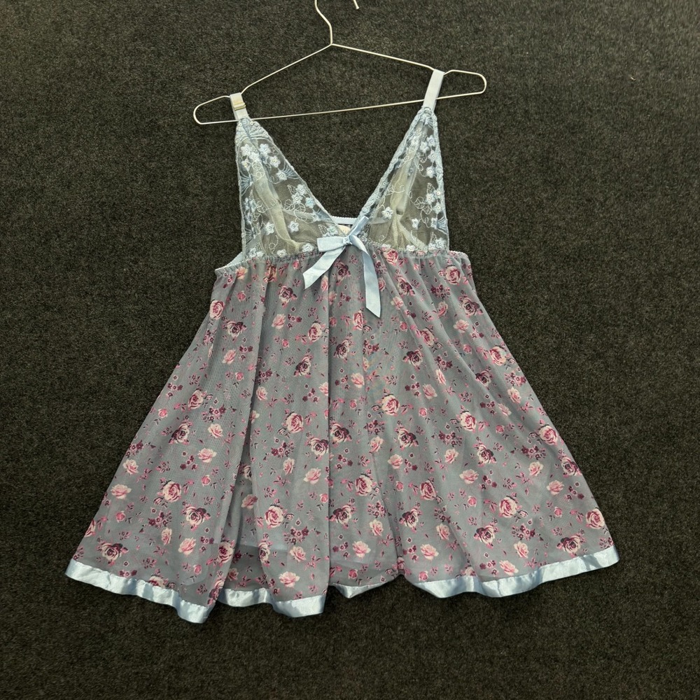 Vintage Light Blue Floral Mesh Babydoll Chemise Lace Trim Sequin Accent 1X